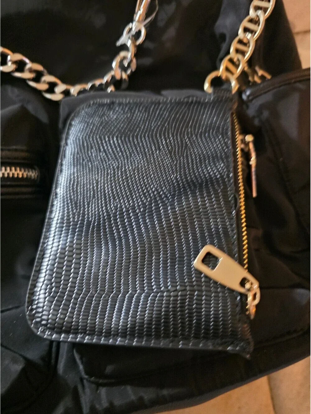New Madden NYC Black Nylon Backpack with Chain and Pouch